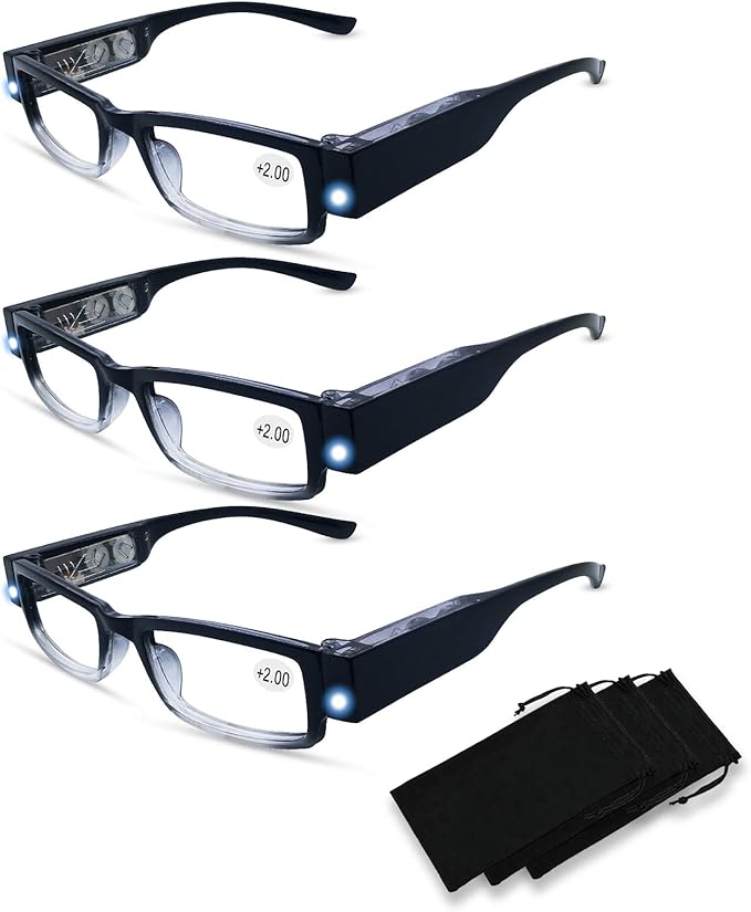 3 Pack Reading Glasses With Lights and Magnifier in The Frame - Bright LED Readers for Men and Women