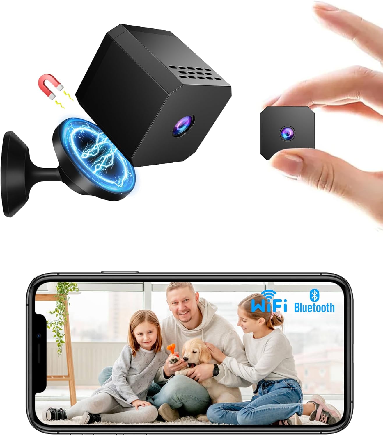 1080p Mini Security Camera, Portable Pet Camera with Night Vision, Motion Detection, WiFi and Bluetooth, 24/7 Battery Life