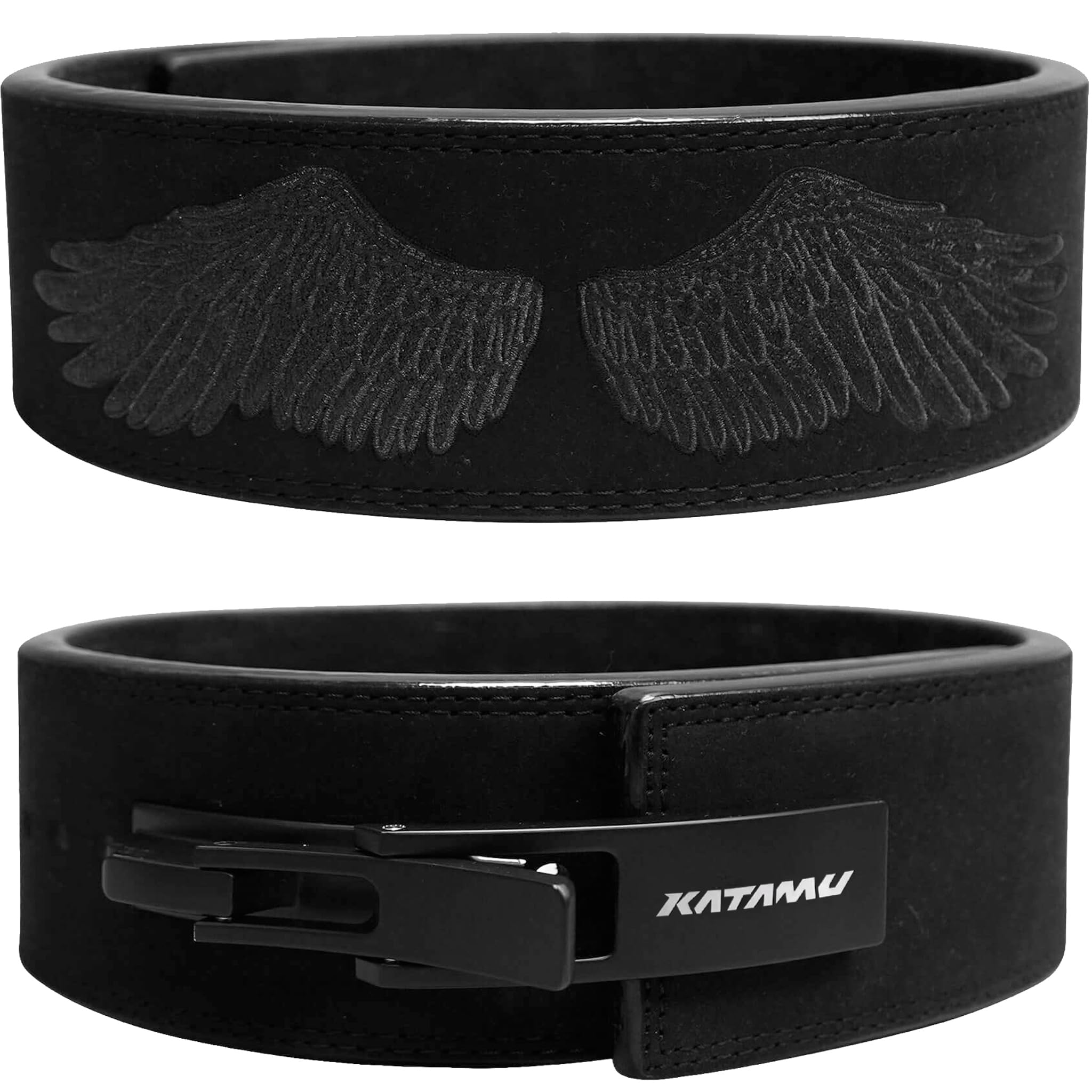 Photo 1 of Katamu Premium Leather Lever Weightlifting Belt – Secure Steel Lever, Powerlifting Support for Deadlifts, Squats & Heavy Lifts (Black Out Wings, Large, 10mm)