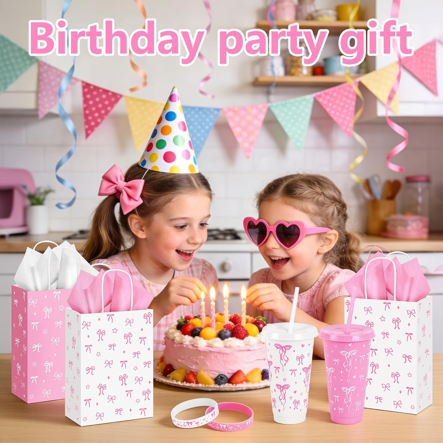 162Pcs/20 Sets Bow Party Favors, Coquette Bow Gift Bags with 24OZ Plastic Cups Wristbands Keychains Pens and Cards for Girl Gatherings Birthday Party Wedding Bridal Baby Shower Gifts
