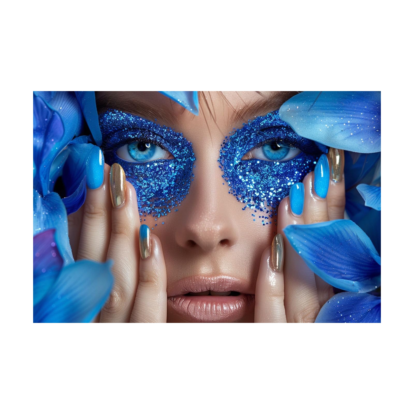 TERUEA Canvas Wall Art Abstract Woman with Blue Glitter Makeup and Flower Petals Portrait Picture Prints for Girls Room Bedroom Wall Decor(Blue)-80x120cm Unframed