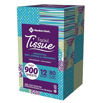 Members Mark Ultra Soft Facial Tissues, 12 Boxes of 80 3-Ply Tissues Each 960 Total
