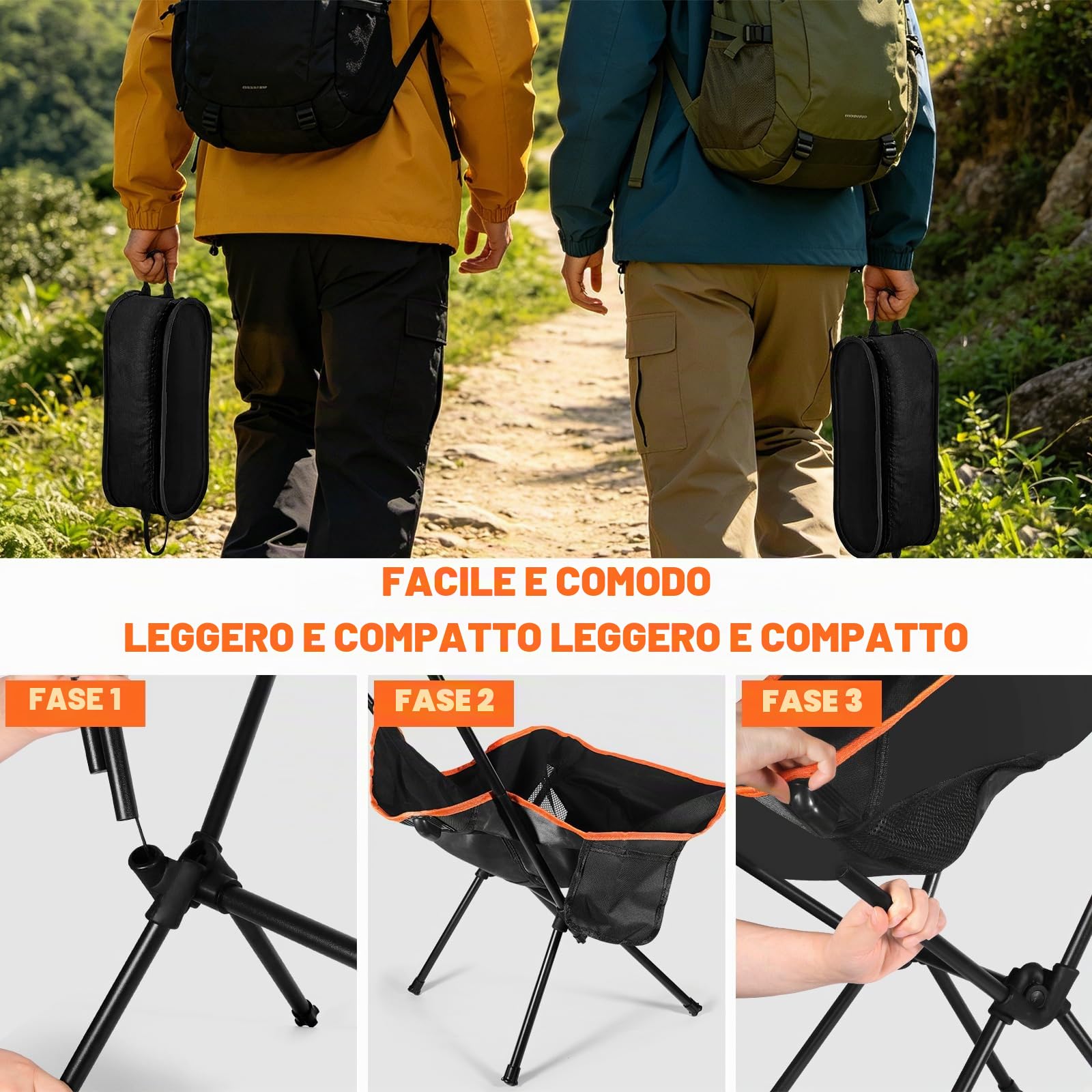 Sedia Pieghevole Campeggio Portatile Max Portata 200 kg Sedia da Campeggio Pieghevole con Borsa da Trasporto Sedie per Pesca, Escursionismo, Picnic, Campeggio, Spiaggia, Prato, Concerti