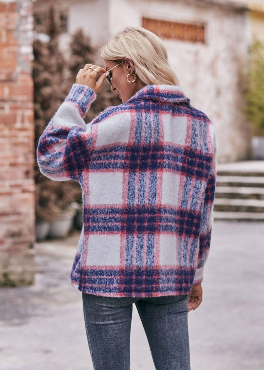 Chemise Femme,Chemisier À Carreaux Pour Femme, Chemise À Manches Longues, Vintage Gris, Manteau Court En Laine, Chemise De Transition Boutonnée, Veste Décontractée, Vêtements D'Extérieur Ampl