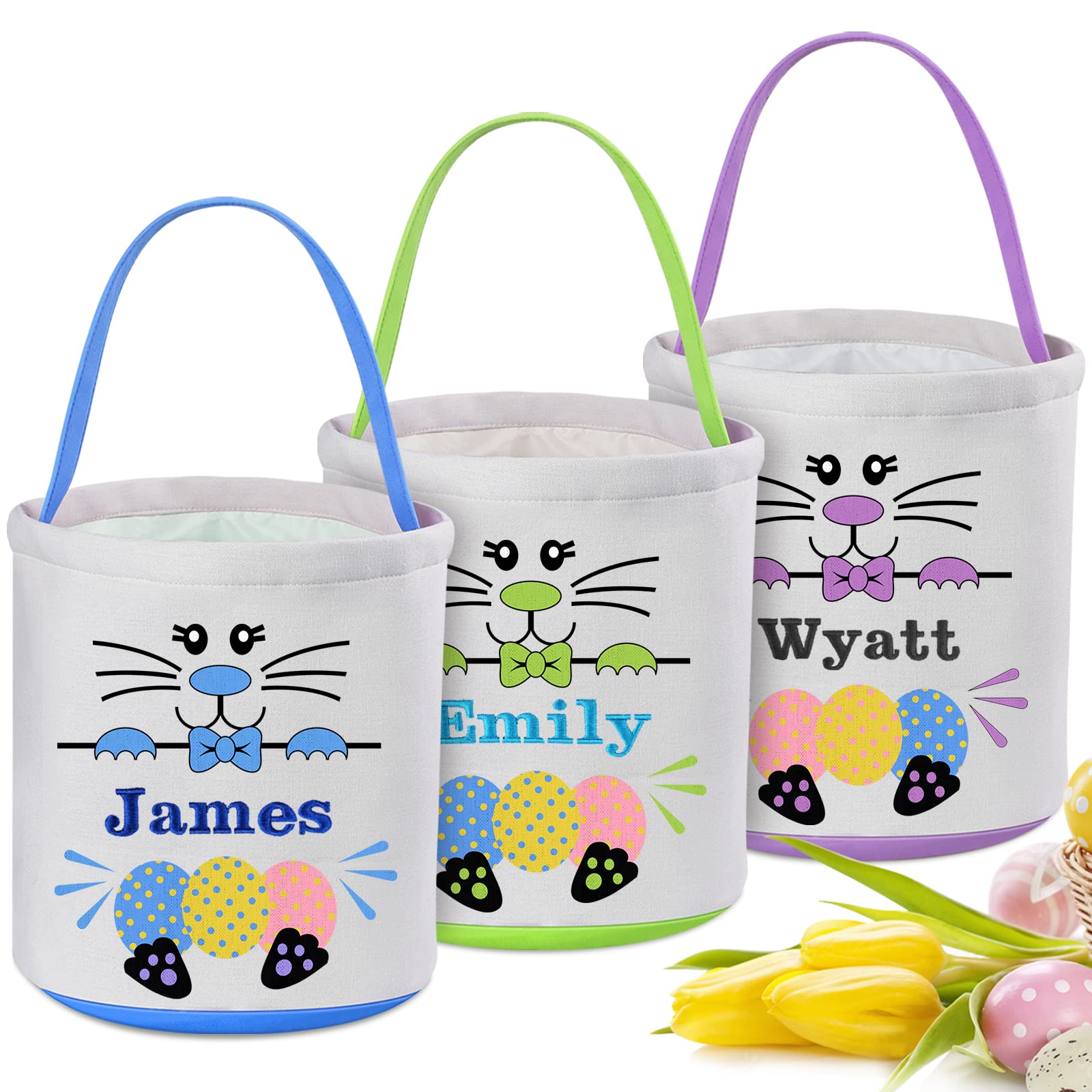 Personalized Easter Basket for Kids, VAPCUFF 3 Pack Easter Baskets for Boys Girls Easter Bunny Basket Easter Basket Bags Easter Gifts Baskets for Kids Easter Empty Basket Easter Egg Hunt Basket