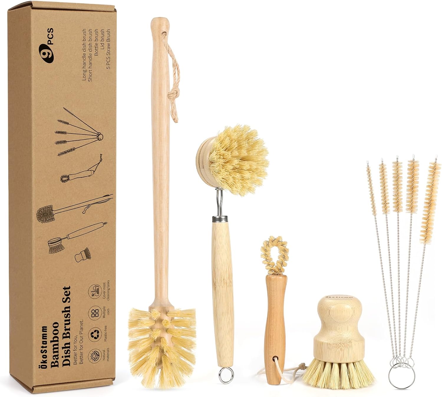 9PCS Bamboo Dish Brush Set with Bottle Brush and Straw Brushes