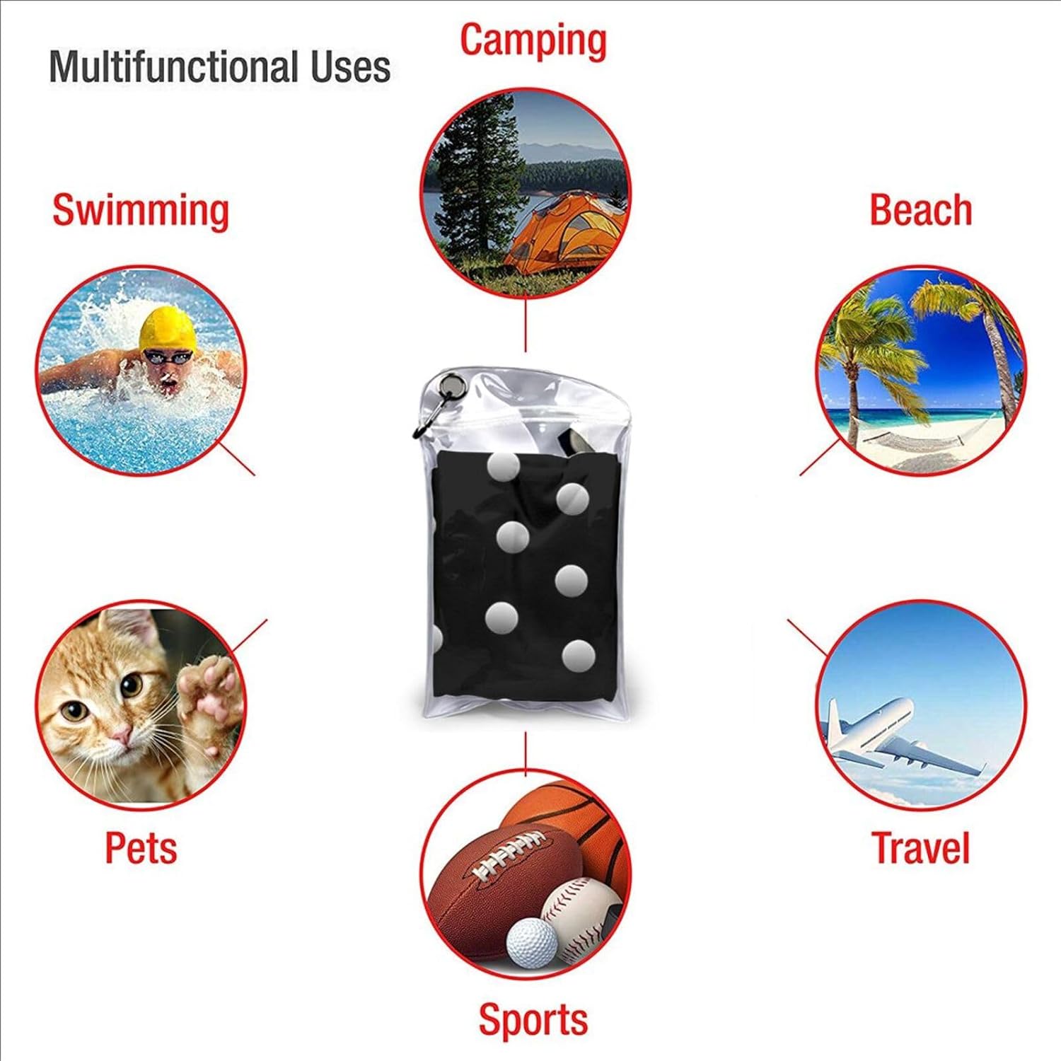 KHiry Microfiber Towel Beach Towels Black Round Dot Quick Dry Towel Soft Lightweight Travel Towels Absorbent Large Easy Pack Travel Things Beach Blanket for Gym Sports Swimming