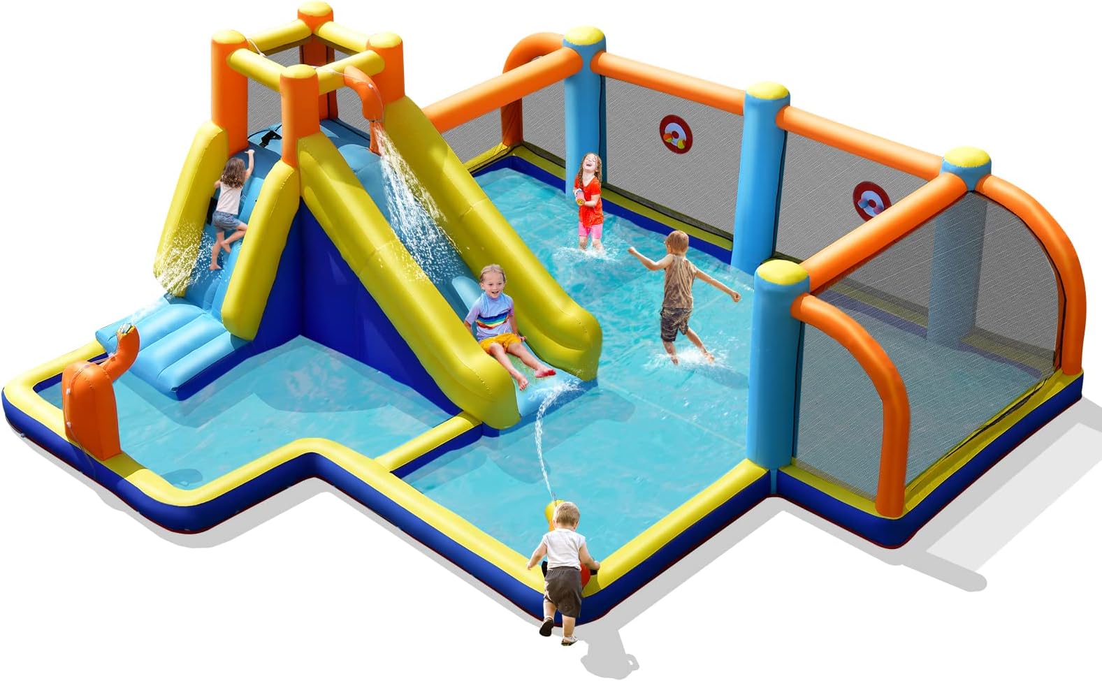 COSTWAY Inflatable Water Slide, Jumping Bouncy Castle with Climbing Wall, Football Field, Splashing Pool and Water Cannons, Outdoor Blow Up Activity Center for Kids Summer Play (without blower)