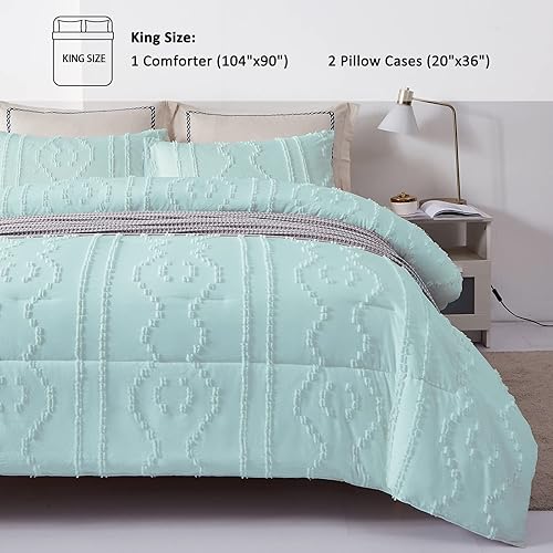 Miniatura 7 de Luxudecor Juego de edredón bohemio con textura azul, tamaño King, juego de ropa de cama bordado Shabby Chic de 3 piezas, edredón ultrasuave para