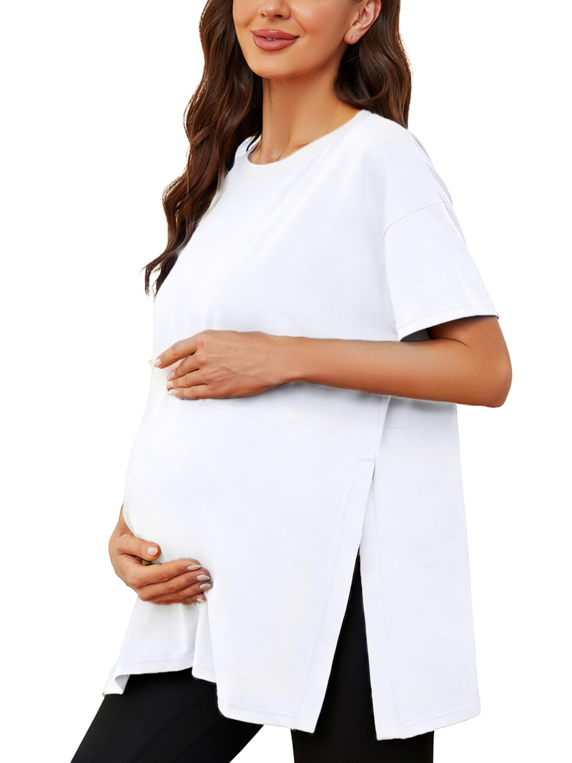 Ecavus Women's Casual Maternity Shirts Split Side Pregnancy Tops Blouses Short Sleeve Loose Fit Maternity Clothes