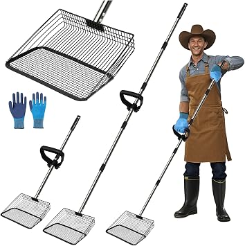 Large Chicken Poop Scooper Chicken Scooper for Poop with 37" to 75" Adjustable Stainless Steel Handle Gloves Litter Sand Sifting Shovel Cleaning Tool for Chicken Coop Goat Stall Stable