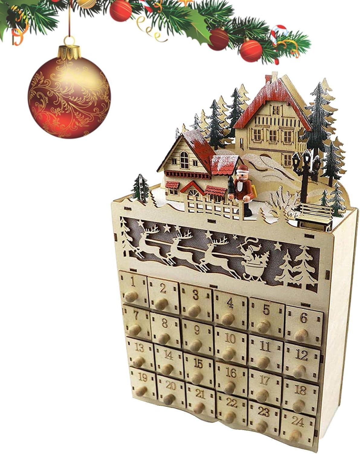 Calendrier de l'avent en bois de noël, 24 tiroirs avec 2021, compte à