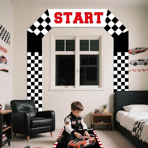 Miniatura 6 de Decoración de puerta de auto de carreras, pancarta de tela a cuadros para puerta de cumpleaños, tapete de pista de carreras para colgar