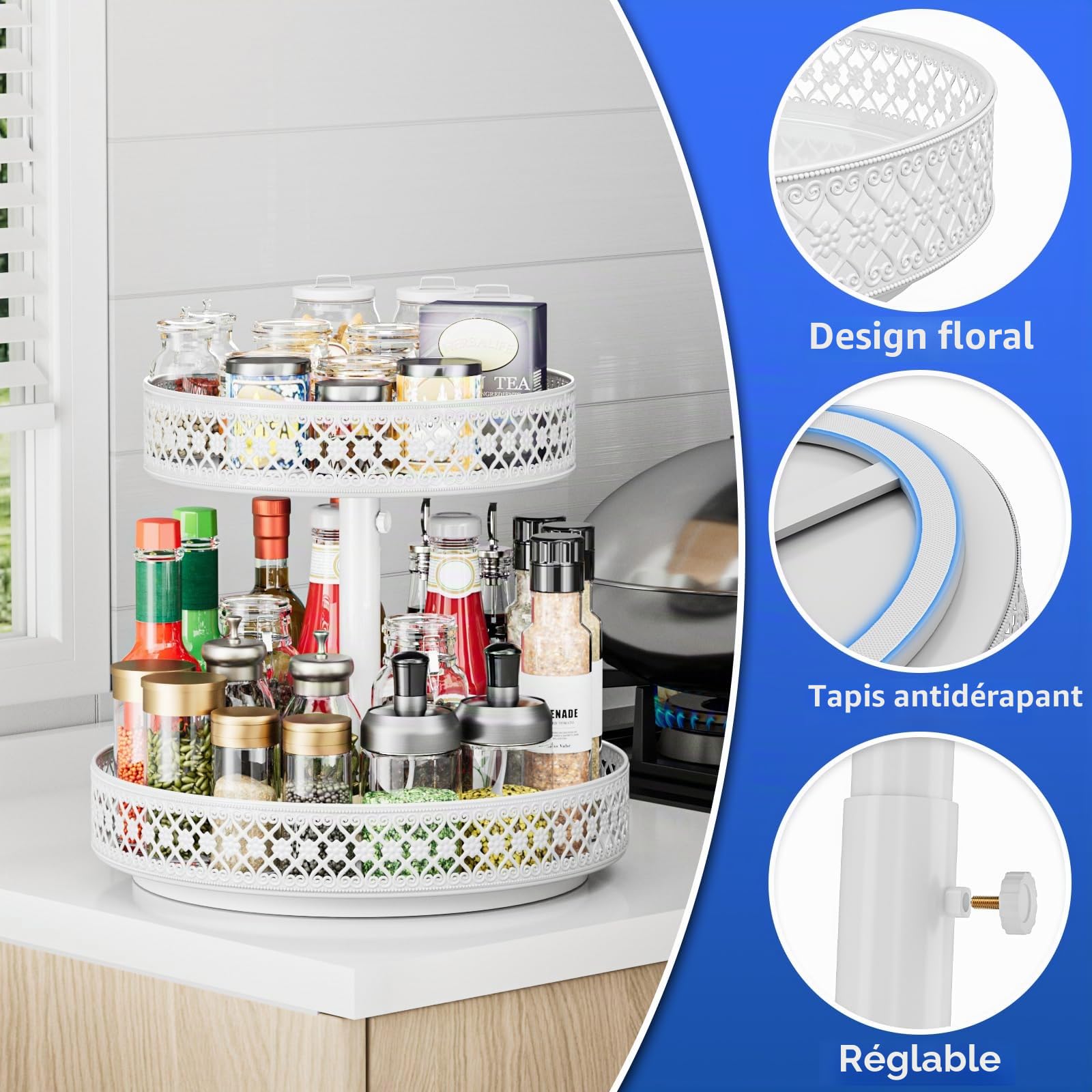 Plateau tournant, organiseur à 2 niveaux – 30,5 cm, réglable en métal pour armoire, garde-manger, cuisine, comptoir, table à manger, placard, salle de bain, meuble de rangement, blanc