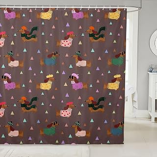 Homewish Cartoon Dachshund Shower Curtain 72" W x 72" L | Cute Fashion Dogs Waterproof Bathroom Curtain with 12 Metal Hooks Colorful Flag Triangle Decor Bathroom Decor Bath Curtain