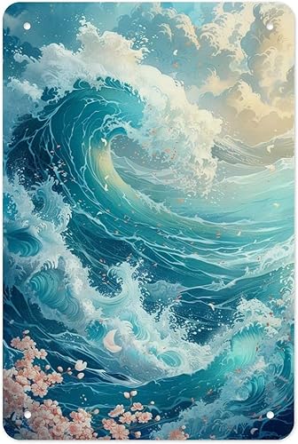 Dynamic Ocean Wave with Cherry Blossoms Metal Tin Sign Wall Decor Retro Sign for Home Living Room Bedroom Coffee Wall Decor Halloween Christmas