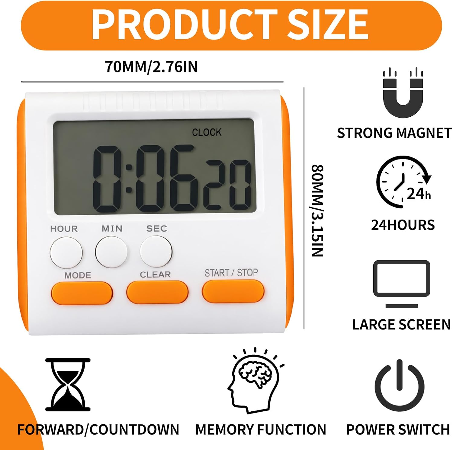 Mudder 3 Pack Digital Kitchen Timer for Cooking, Large Digits, 24 Hour Magnetic Backing Stand Kitchen Timers Clock for Classroom Kids Teachers, Loud Alarm and Large Screen (Orange) image 2