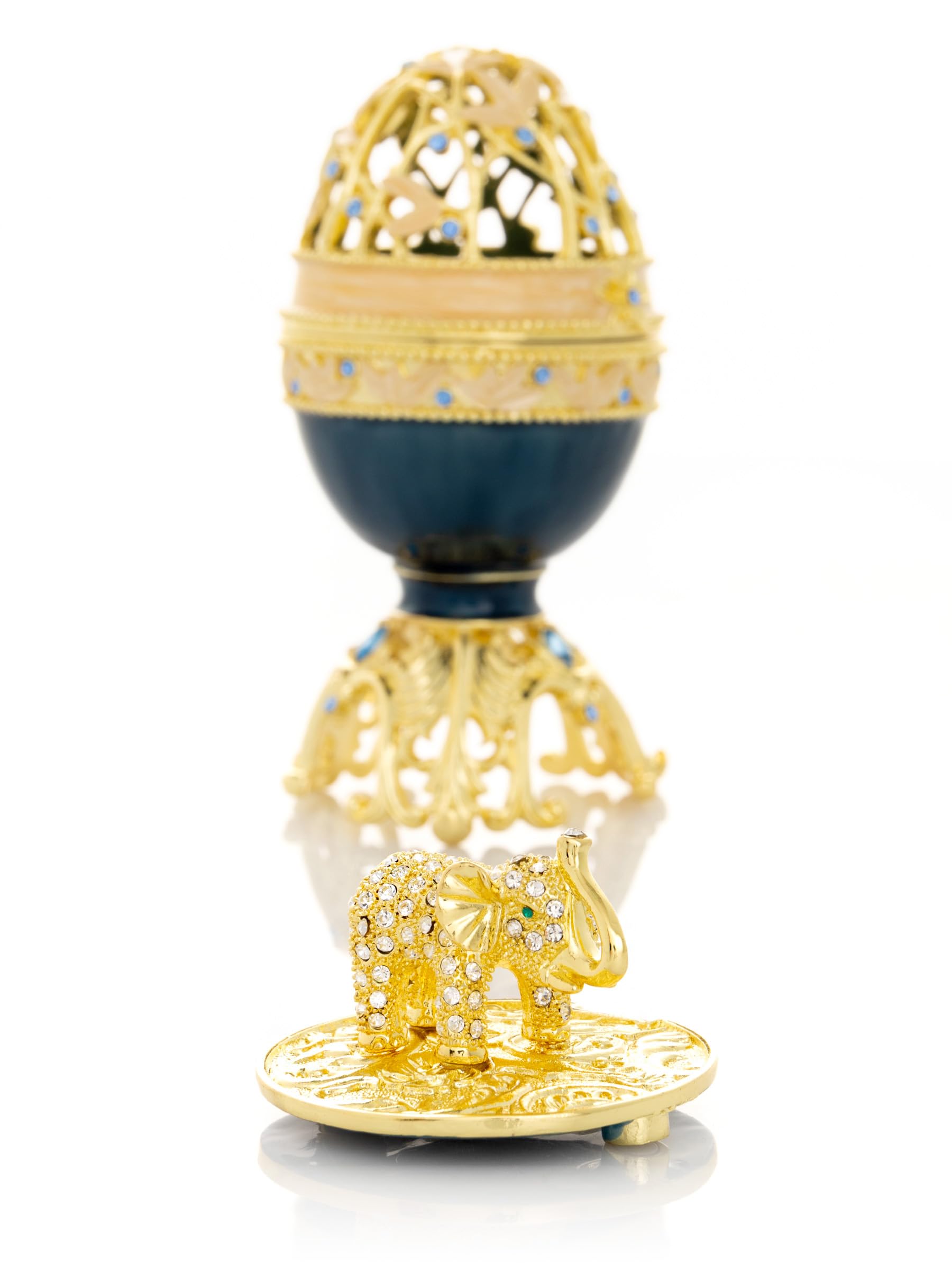 Keren Kopal Huevo de Fabergé azul con elefante dorado y cristales en el interior: estilo Fabergé con cristales para coleccionistas, decoradores o entusiastas