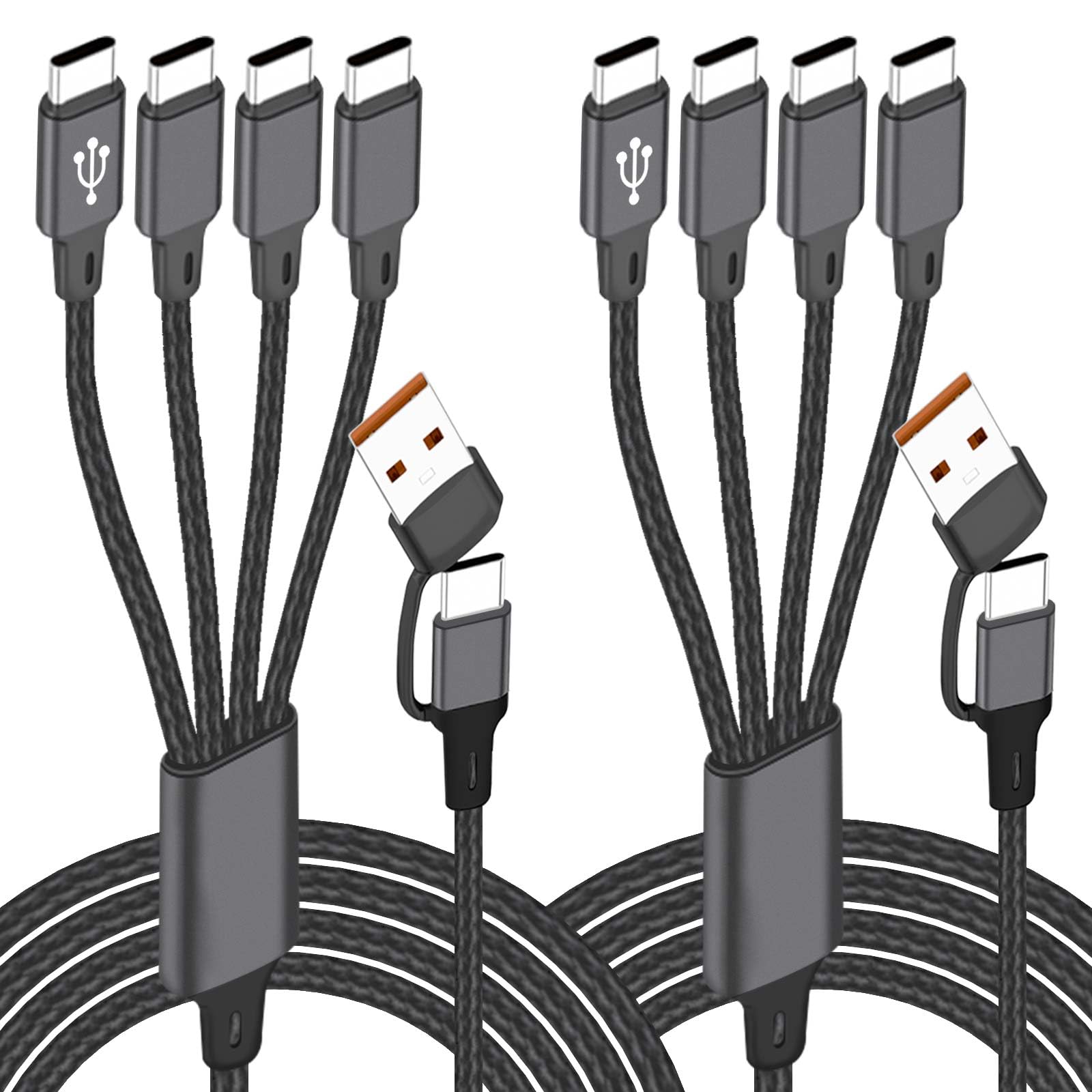 USB-C-Multi-Ladekabel, 1,2 m, 2 Stück, 4-in-2, USB-A + USB-C auf 4 USB-C-Anschlüsse, mehrere USB-Typ-C-Splitterkabel für iPhone 16/15 Pro Max, iPad Air/Pro, Samsung Galaxy, Google Pixel, Android, PS5