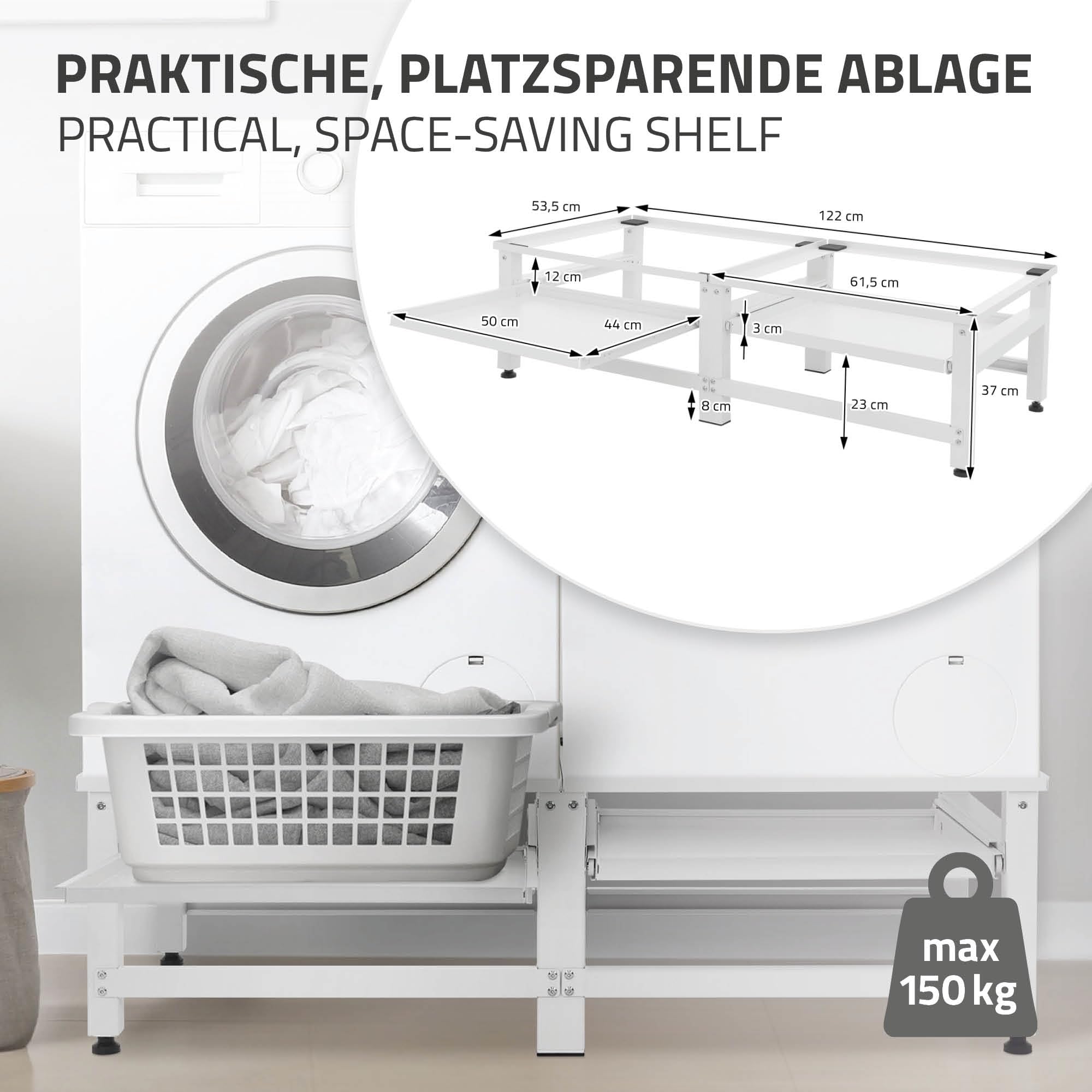 ML-Design Doppel Waschmaschinen-Untergestell mit 2 ausziehbaren Ablagen, Weiß, aus Stahl, bis 2x 150kg+10 kg, verstellbare Füße, Waschmaschinensockel 2-Fach, Doppeluntergestell Doppelpodest Erhöhung