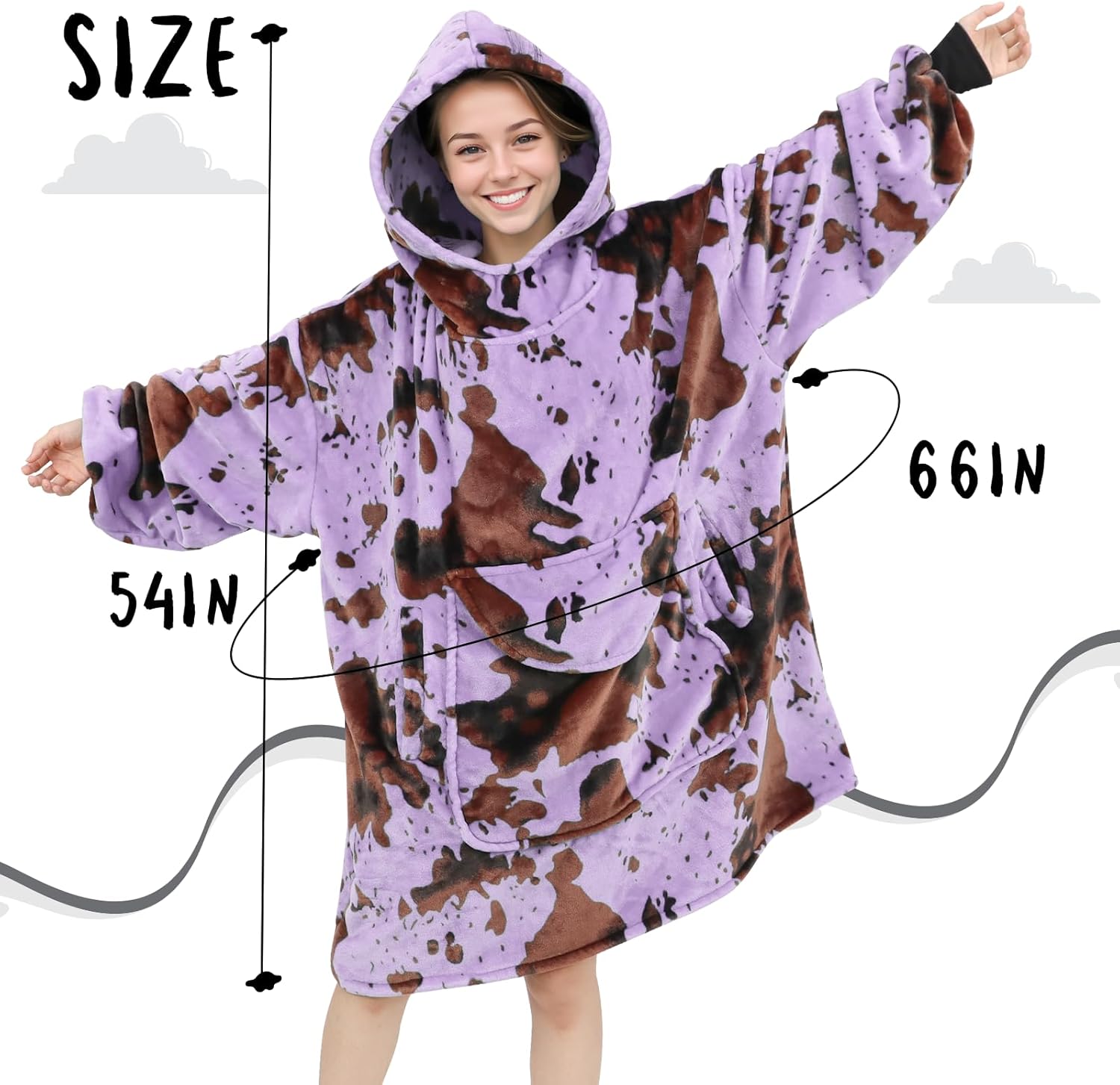 Purple Cow Print Wearable Blanket Hoodie Oversized Fleece Sweatshirt Blanket with Giant Pocket Warm Cozy Hooded Blanket for Adult Cow Gifts for Women Men - Image 2