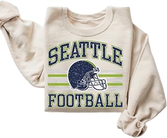 Distressed Seattle Football Sweatshirt Retro Collegiate Style Vintage Helmet Pullover for Women Sport Grey, X Large