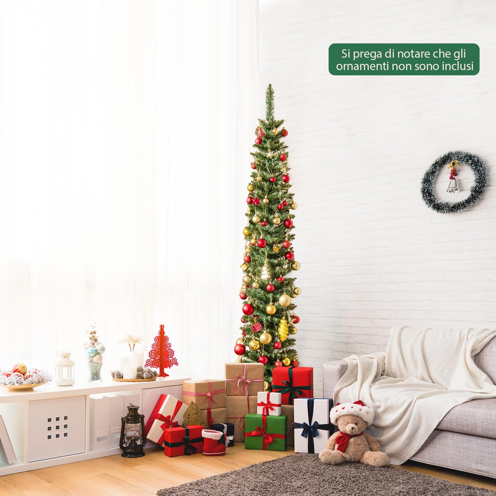 COSTWAY Albero di Natale Slim da 150/180/210 CM, Albero di Natale Artificiale con 150/180/200 Luci LED Bianche Calde, 296/390/499 Punte di Ramo e Supporto Pieghevole in Metallo (180 cm)