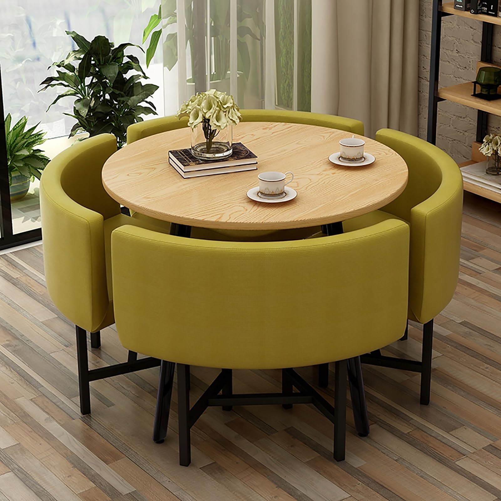 Restaurante Mesas Sillas Combinación Forma Cuadrada,Lino de Algodon Combinación Mesa y Silla,Juego de Mesa de Centro de Negocios Combinación,con 1 Mesa y 4 Sillas,para Salón Comedor.