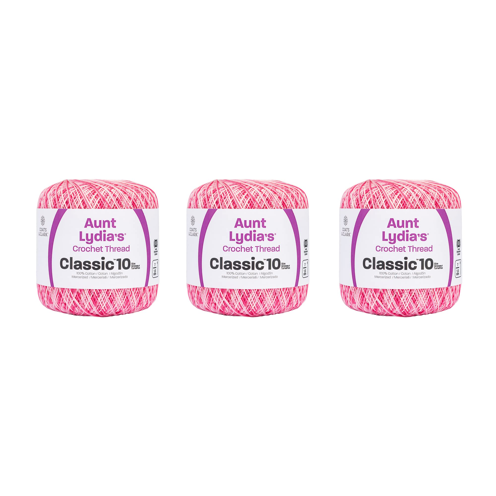 Aunt Lydia Classic Shaded Pinks Crochet - 3 Pack of 300y/274m - Cotton - Gauge 10 - Crochet
