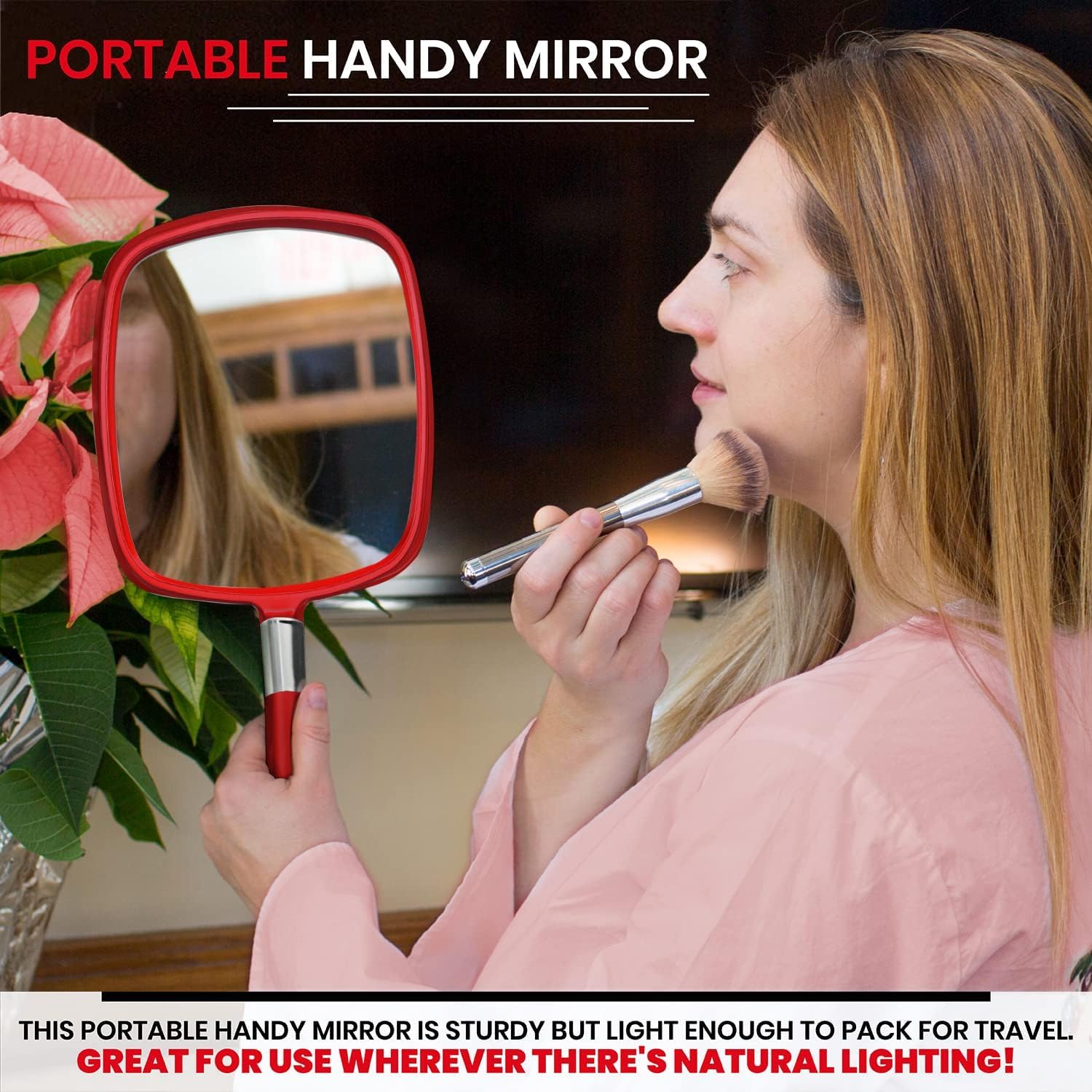 Professional Large Hand Mirror with Ergonomic Handle for Men & Women -Haircut Mirror for Barber, Salon (Red) & Pocket-Sized Compact 15X Magnifying Makeup Mirror - Handheld, Foldable & Lightweight
