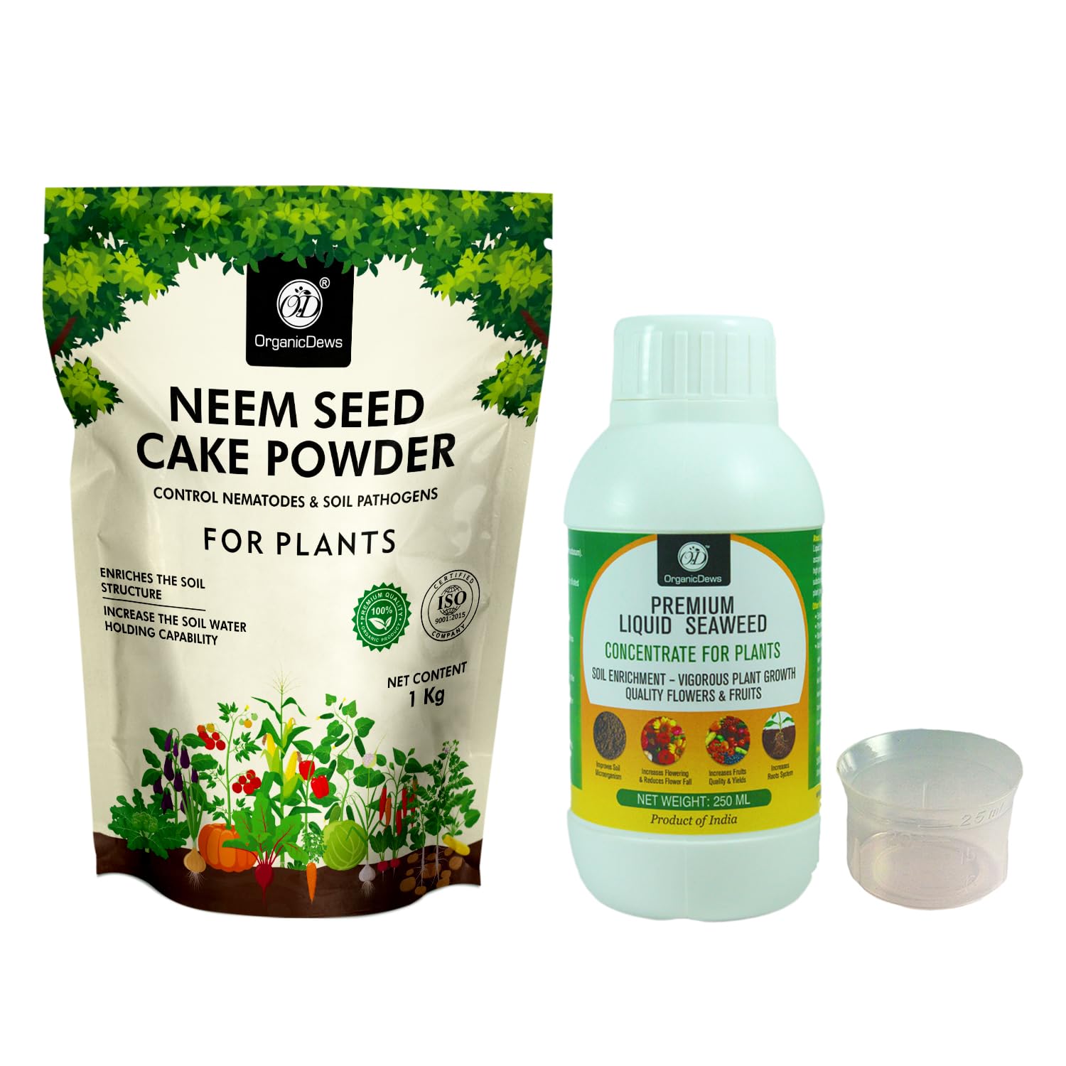 OrganicDews Enriched Neem Seed Cake Powder 1 Kg + Liquid Seaweed Fertilizer 250 ml Bio Stimulant - Plant Growth Enhancer, Soil Conditioner, Increases Soil Fertility for Indoor & Outdoor Plants