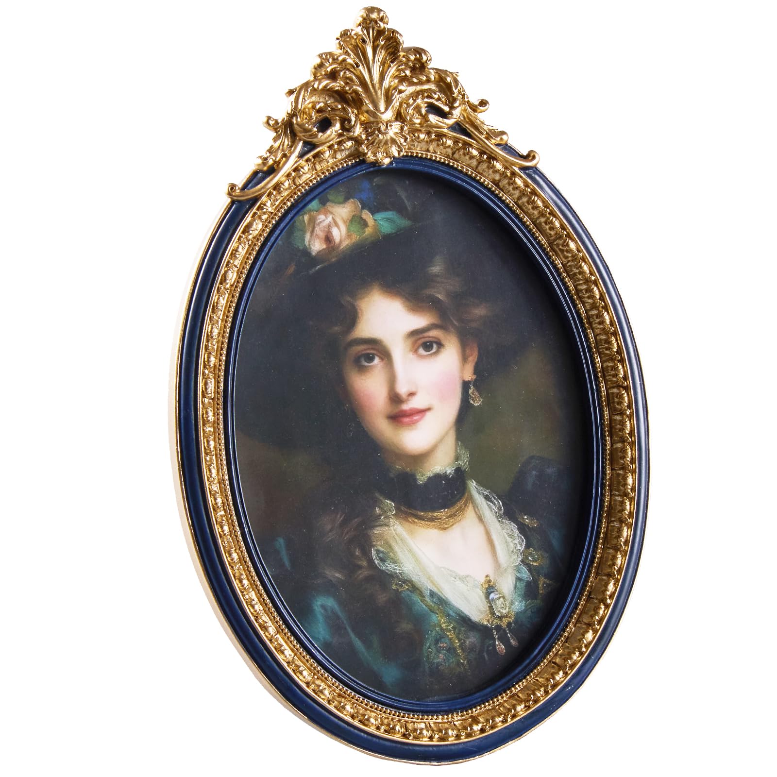 ZIHARA Ornate 5x7 Oval Picture Frame, Blue Vintage Photo Frame, Hand-Crafted Resin Frame with Easel, Hook & Mat, for Table Top Display, Wall Hanging,