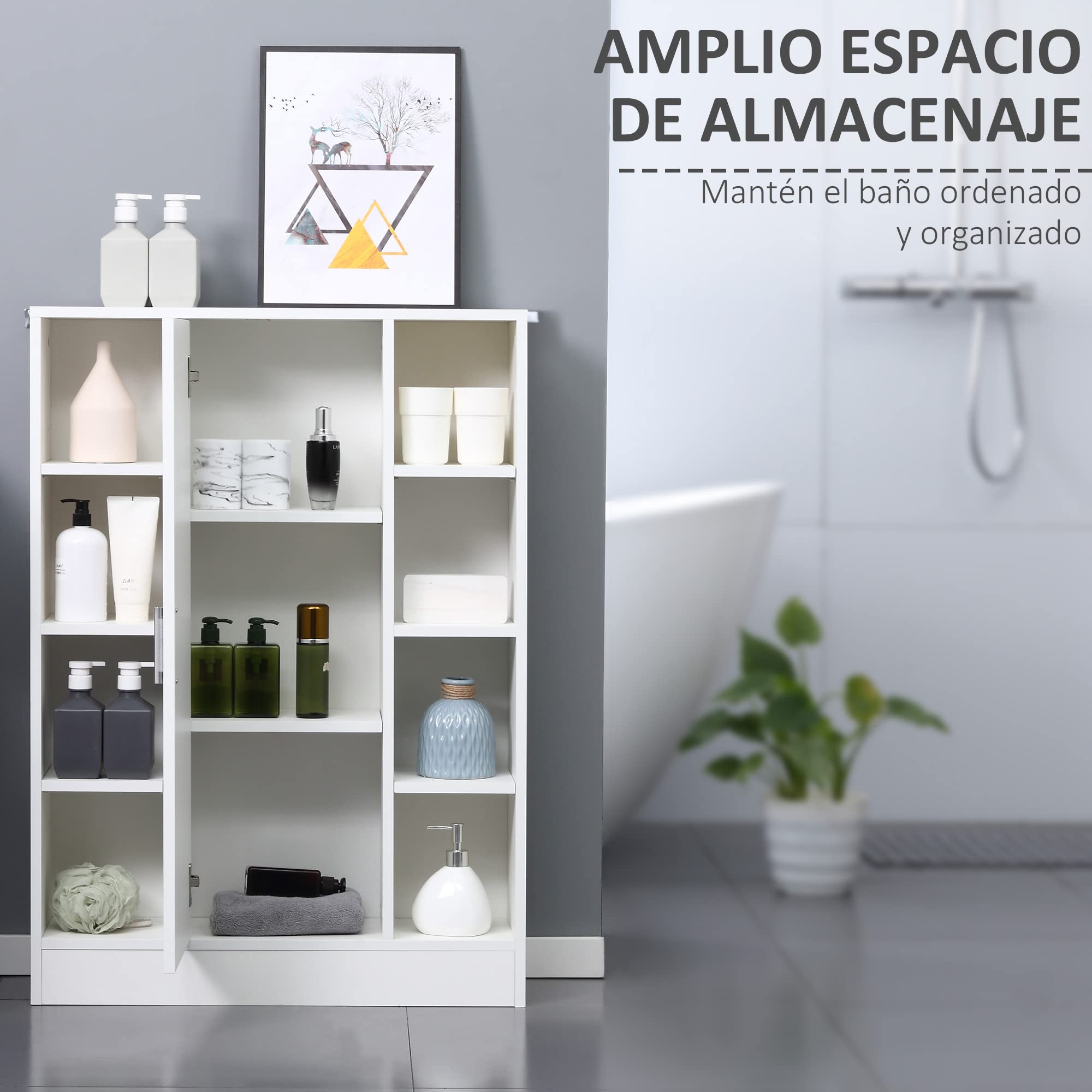 kleankin Armario de Suelo para Baño Madera 1 Puerta 71x22x100 cm Blanco | 8 Compartimentos Abiertos, Estantes Ajustables, Mueble Auxiliar Multiusos, para Cocina Salón