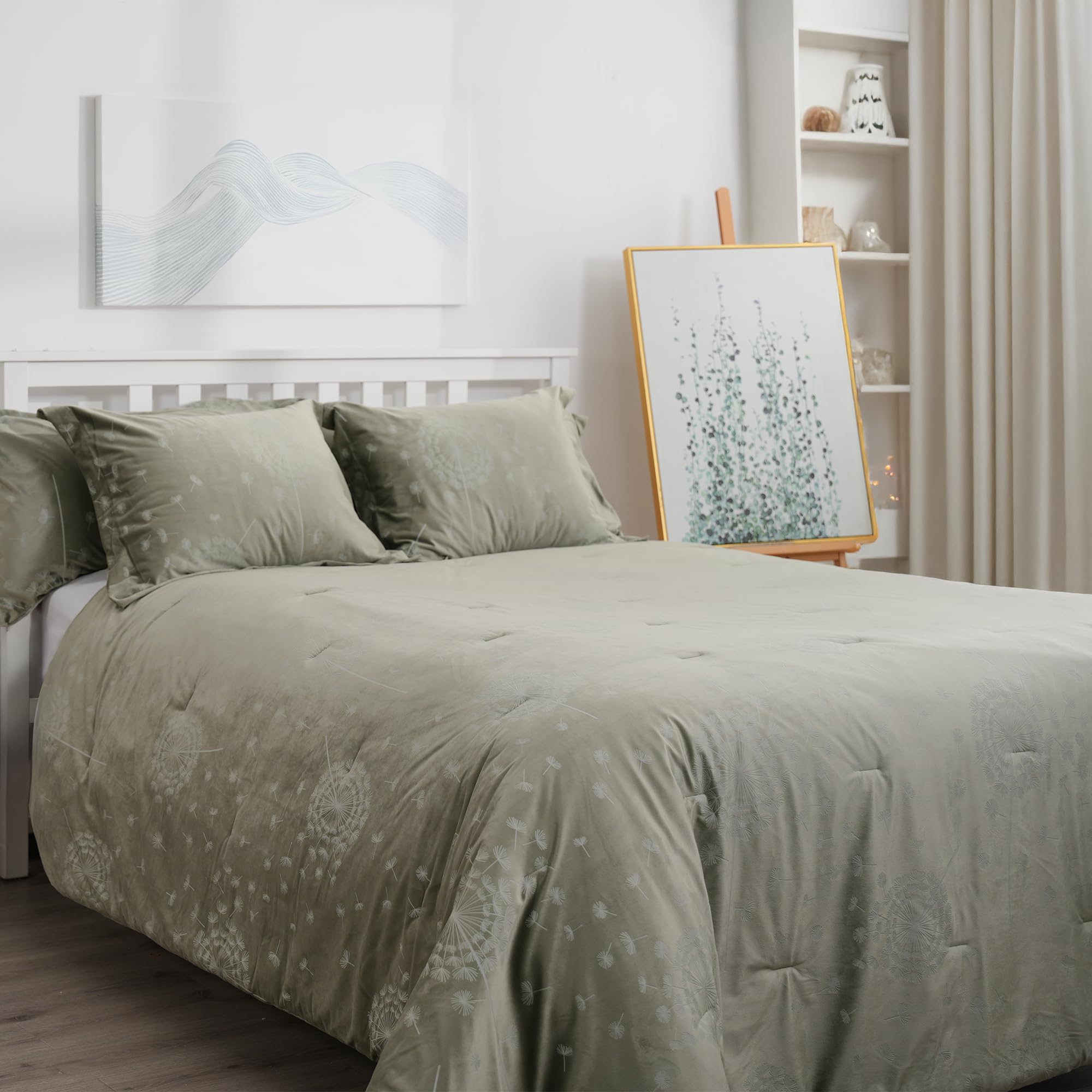 dennylife Comforter Set Queen Size, Green Velvet Comforter with Soft Brushed Microfiber Reverse, All Season Cozy Velvet Bedding Sets, Fluffy Comforter