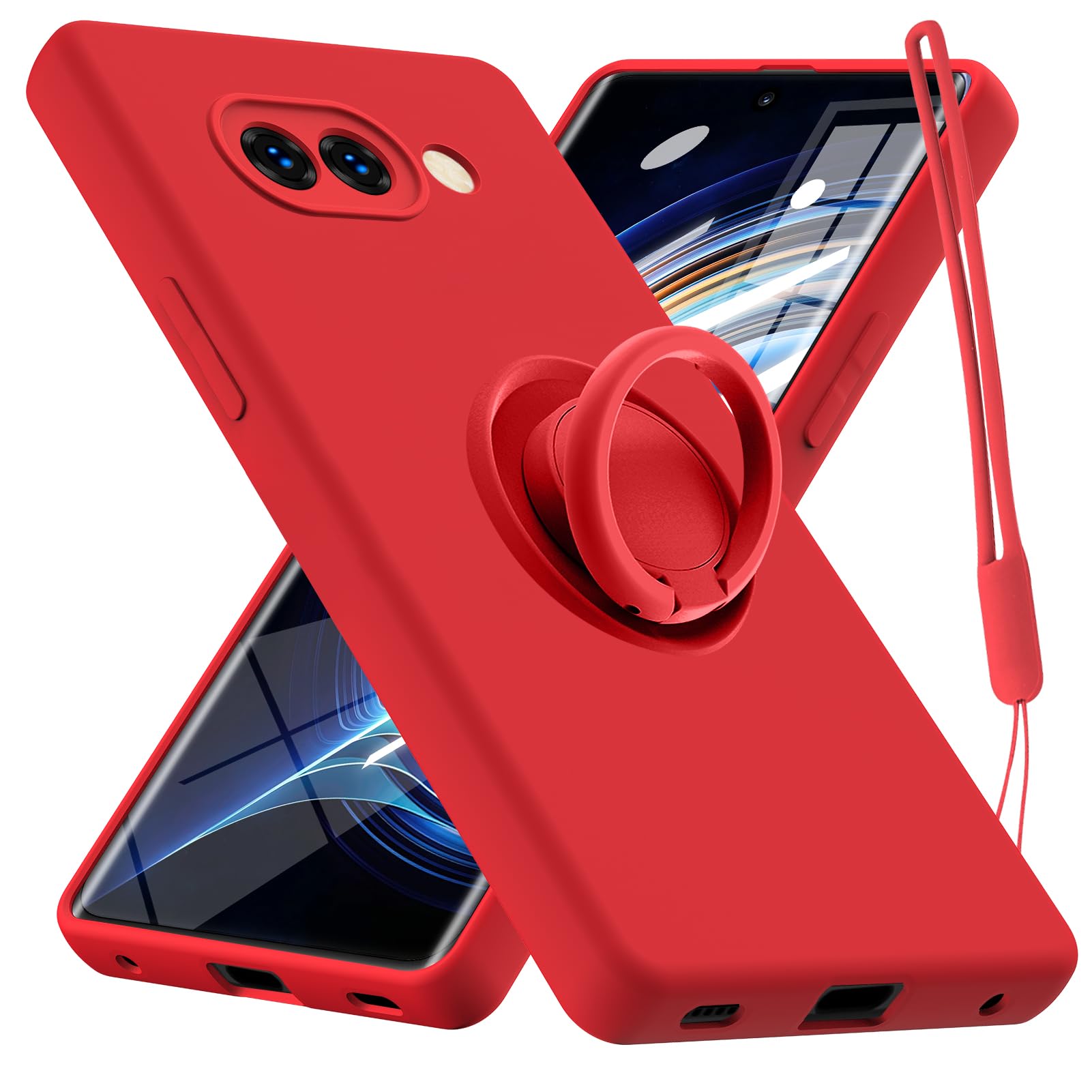 QOUNVYW 向け Google Pixel 9A 用のケース リング付き シリコン 耐衝撃 ストラップホール付き TPU ソフト カバー レッド