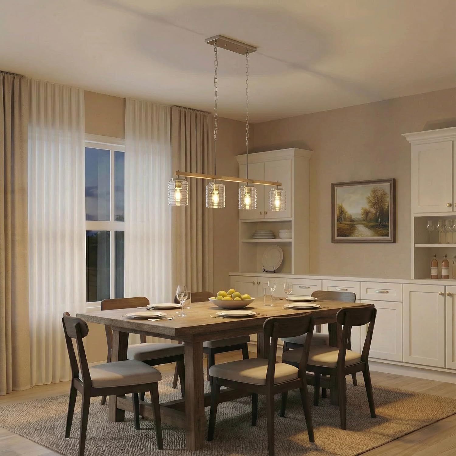 36" 4-Light Kitchen Island Chandelier with Clear Glass Jars, Linear Pendant Light for Kitchen Island Lighting, Farmhouse Hanging Kitchen Lights, Adjustable 70.8" Drop, E26 Bulbs Not Included