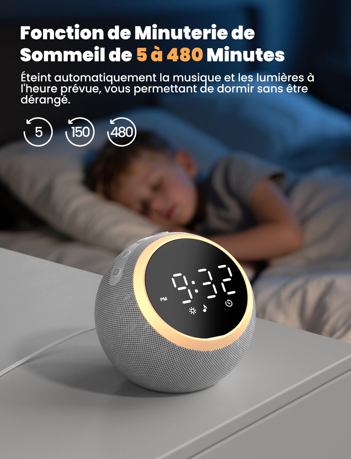 LIORQUE Machine à Bruit Blanc avec Réveil, 25 Sons Apaisants pour le Sommeil, Écran d'Affichage Réglables, Veilleuse, Convient aux Enfants et aux Adultes pour la Détente au Bureau ou à la Maison