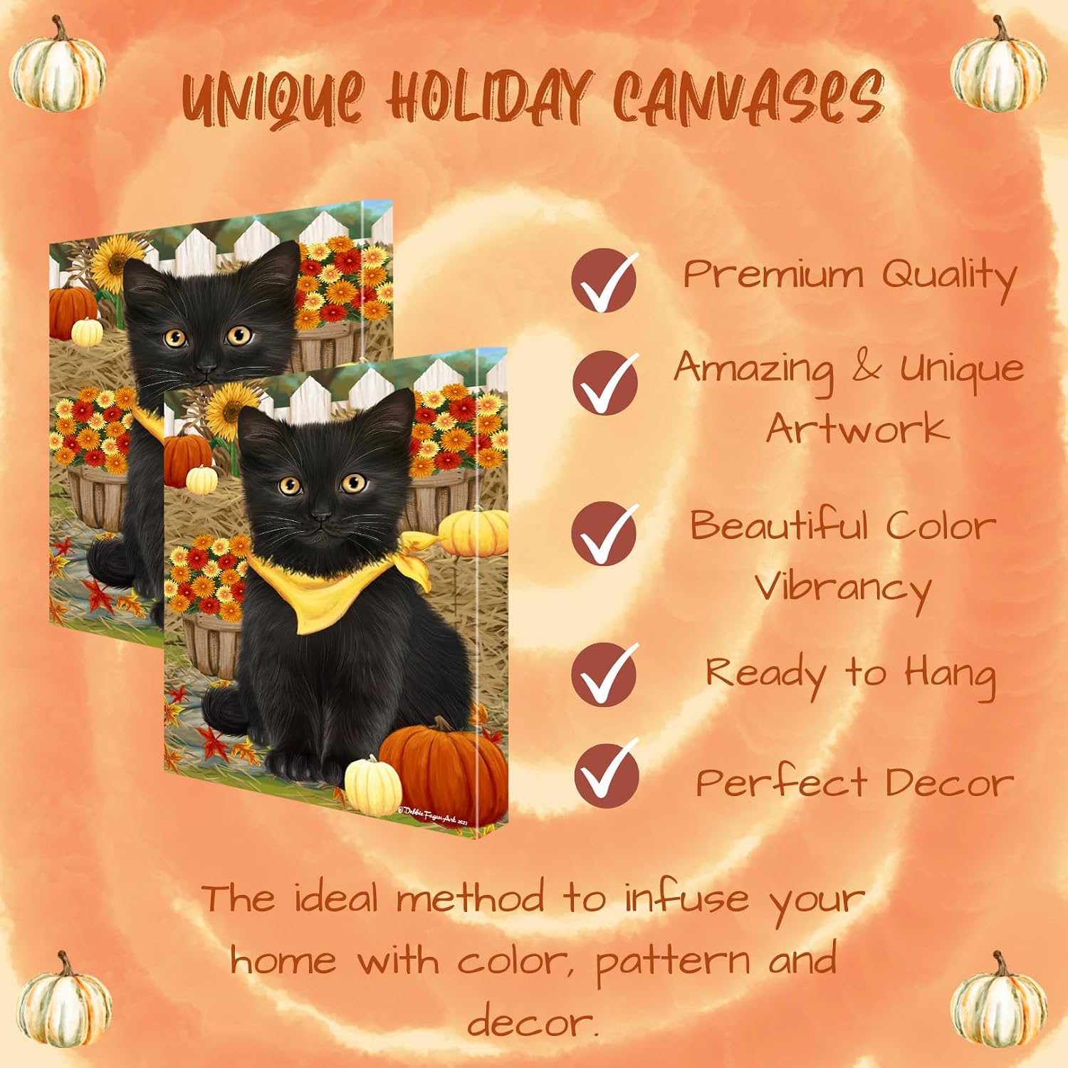 Fall Greeting with Black Cat Canvas Wall Art - Premium Quality Ready to Hang Room Decor - Pecan Floating Framed 16" x 24"