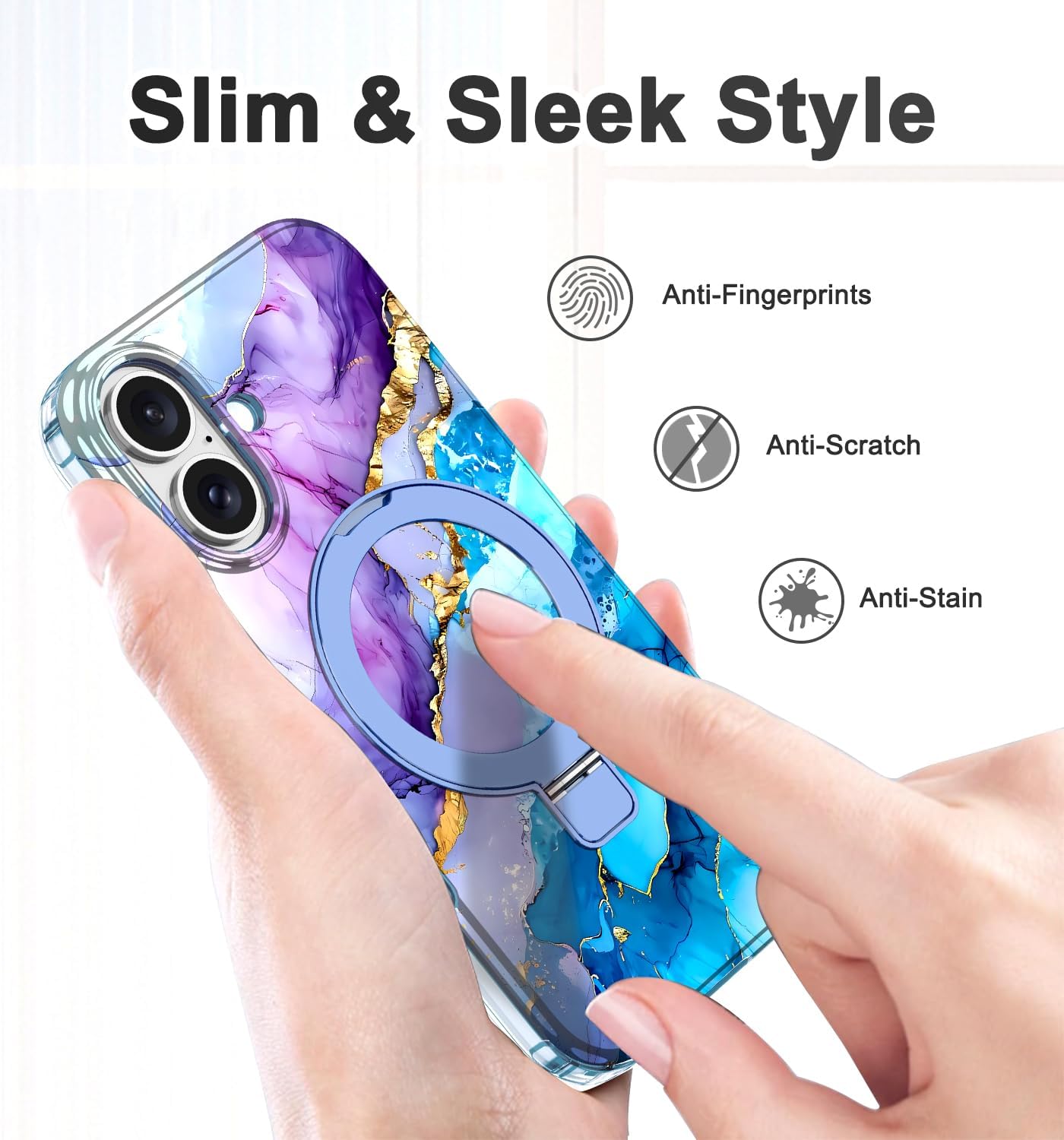 Lamcase for iPhone 16 Plus Case with Magnetic Invisible Ring Stand [Compatible with MagSafe], Full Body Rugged Slim Women Men Girl Shockproof Marble Pattern Design Case, Purple/Blue - Image 6