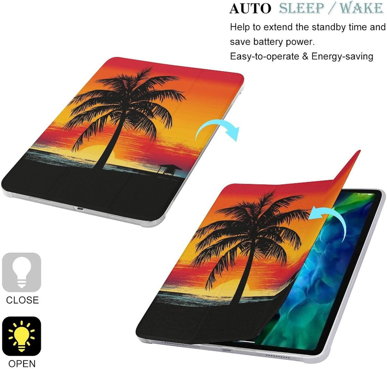 for iPad 12.9 Inch Case Slim Trifold Stand Sunset Palm Tree Smart Cover with Pen Holder Auto Wake Sleep