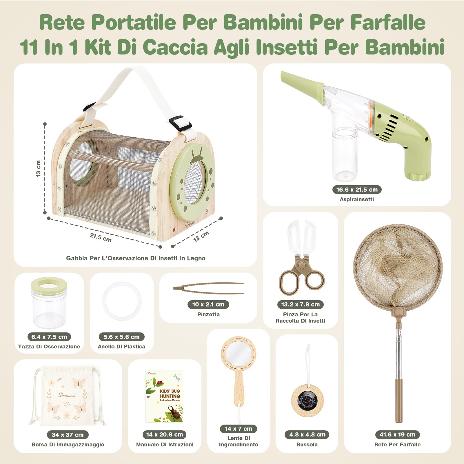 Dreamon Kit de Caza de Insectos para Niños de 3-5 Años: Jaula de Madera, Aspirador, Red y Bolsa - Juguete de Exploración al Aire Libre y Safari