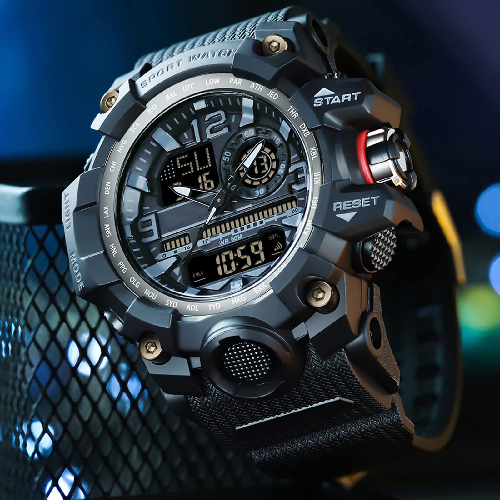 findtime Orologio militare grande da polso da uomo, analogico, digitale, 5 ATM, impermeabile, orologio tattico sportivo con sveglia, data 12/24H, cronometro a LED, per uomini e ragazzi, cinturino in