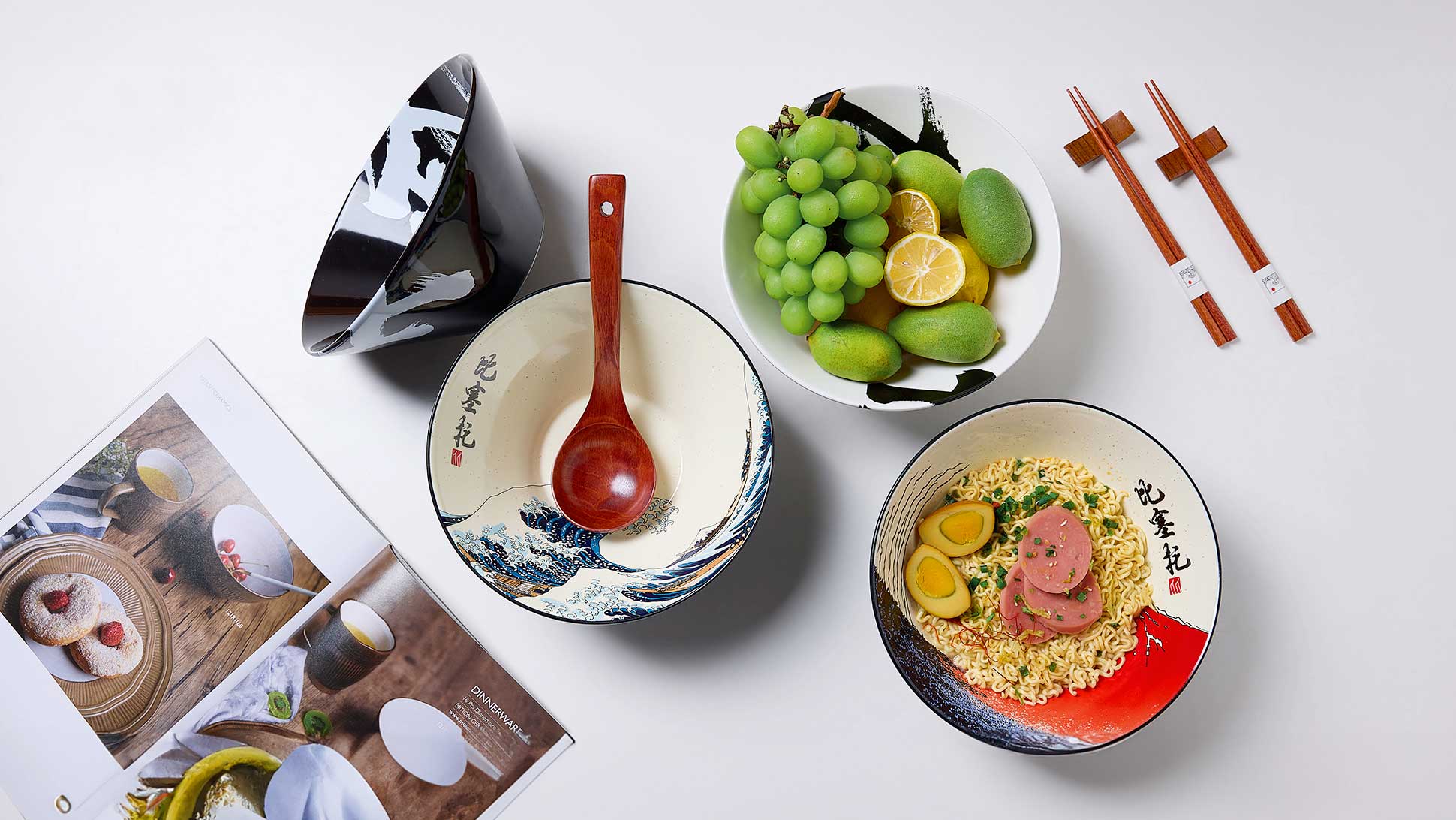 Great Wave Design BICETTO Japanese Ramen Bowl Set - 60oz Ceramic Bowls