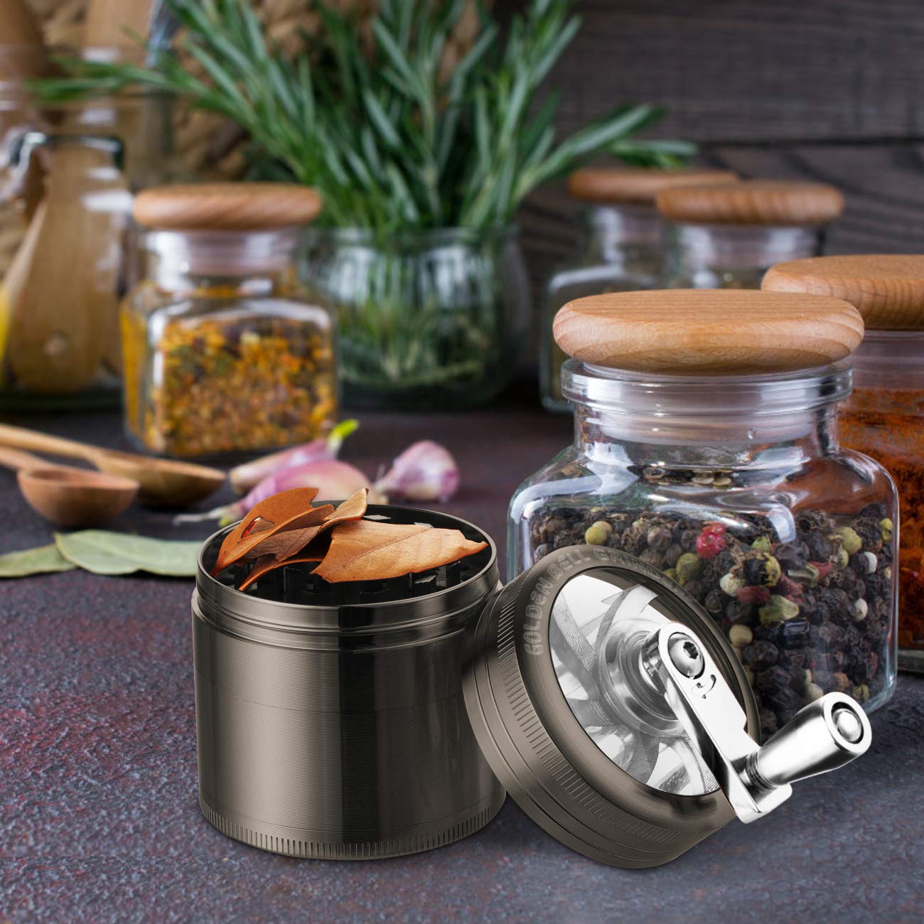 LIHAO Grinder Moulin a Herbes Epices en Zinc Alliage, 5.3cm 4 Pieces avec Manivelle-Nickel Noir