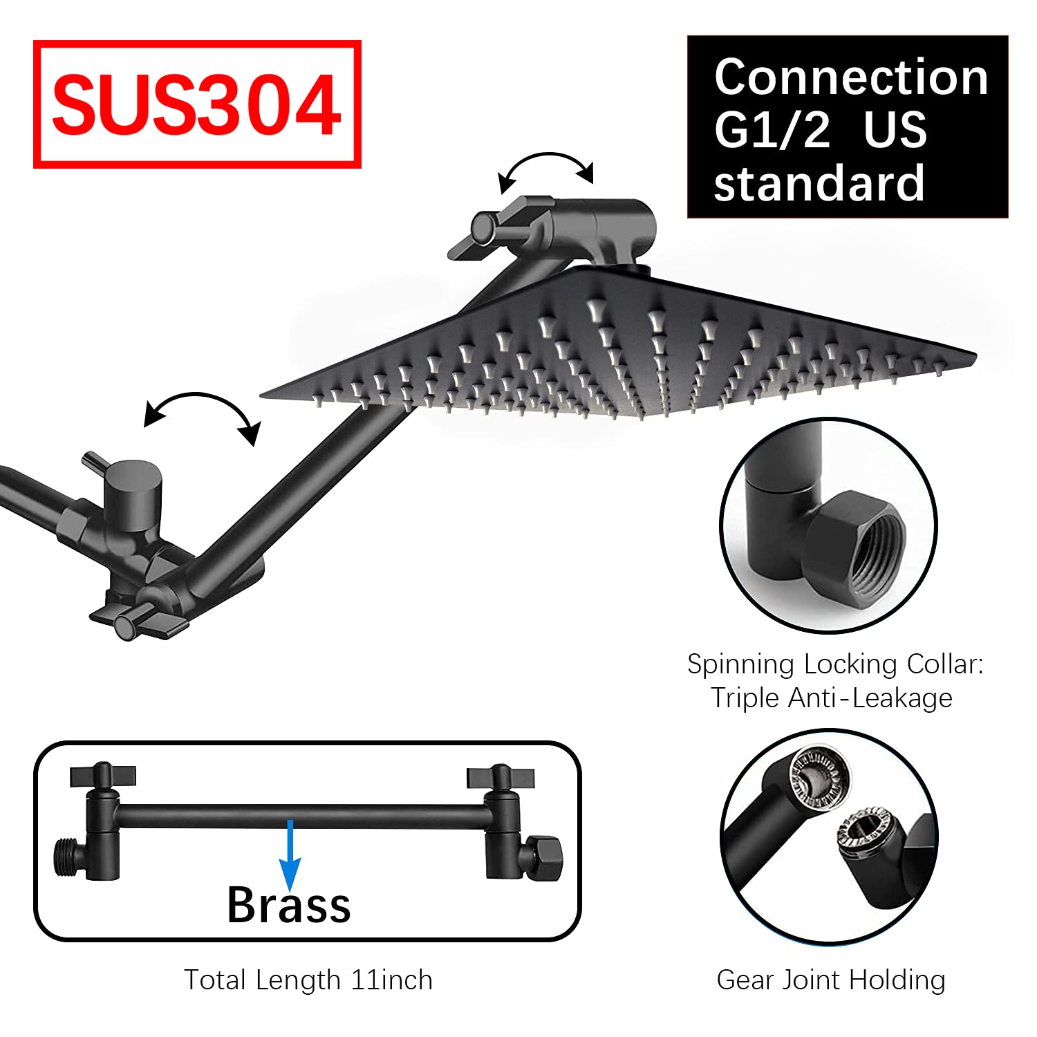 Rain Shower Head with Handheld High Pressure 3 Settings 10 and 5 Inch Big Heads with Extender Arm Hose Water Diverter Strong Adhesive Holder SUS304 Stainless Steel Matte Black