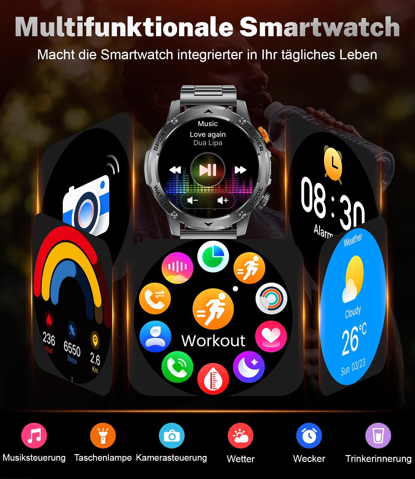 FITFLEX Smartwatch Herren, 1000mAh Akku/1.75'' HD Großes Display, Militar Smart Watch mit Bluetooth Anrufe/130+ Sportmodi/IP68 Wasserdicht Fitnessuhr mit Herzfrequenz, für Android iOS, Mattschwarz