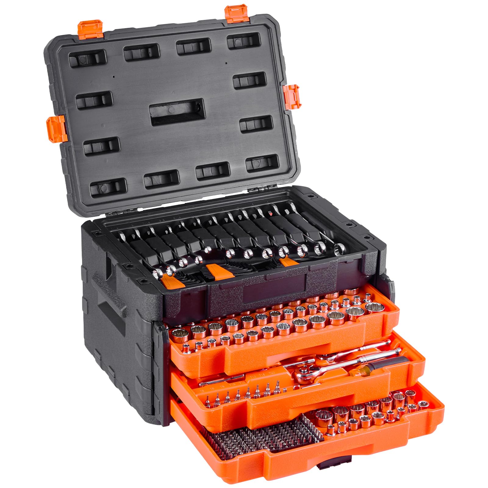 VEVOR Set di Utensili Meccanici e Set di Bussole, 450 Pezzi, Bussole Profonde e Standard da 6,4, 9,5 e 12,7 mm, Kit di Utensili Meccanici Metrici SAE con Punte, Chiavi, Accessori, Custodia Arancione