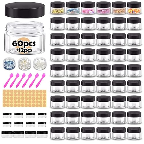 Recipientes de plástico de 1 onza con tapas, 60 tarros de plástico con tapas + 12 recipientes de muestras de 350.35oz, 12 recipientes de muestra,