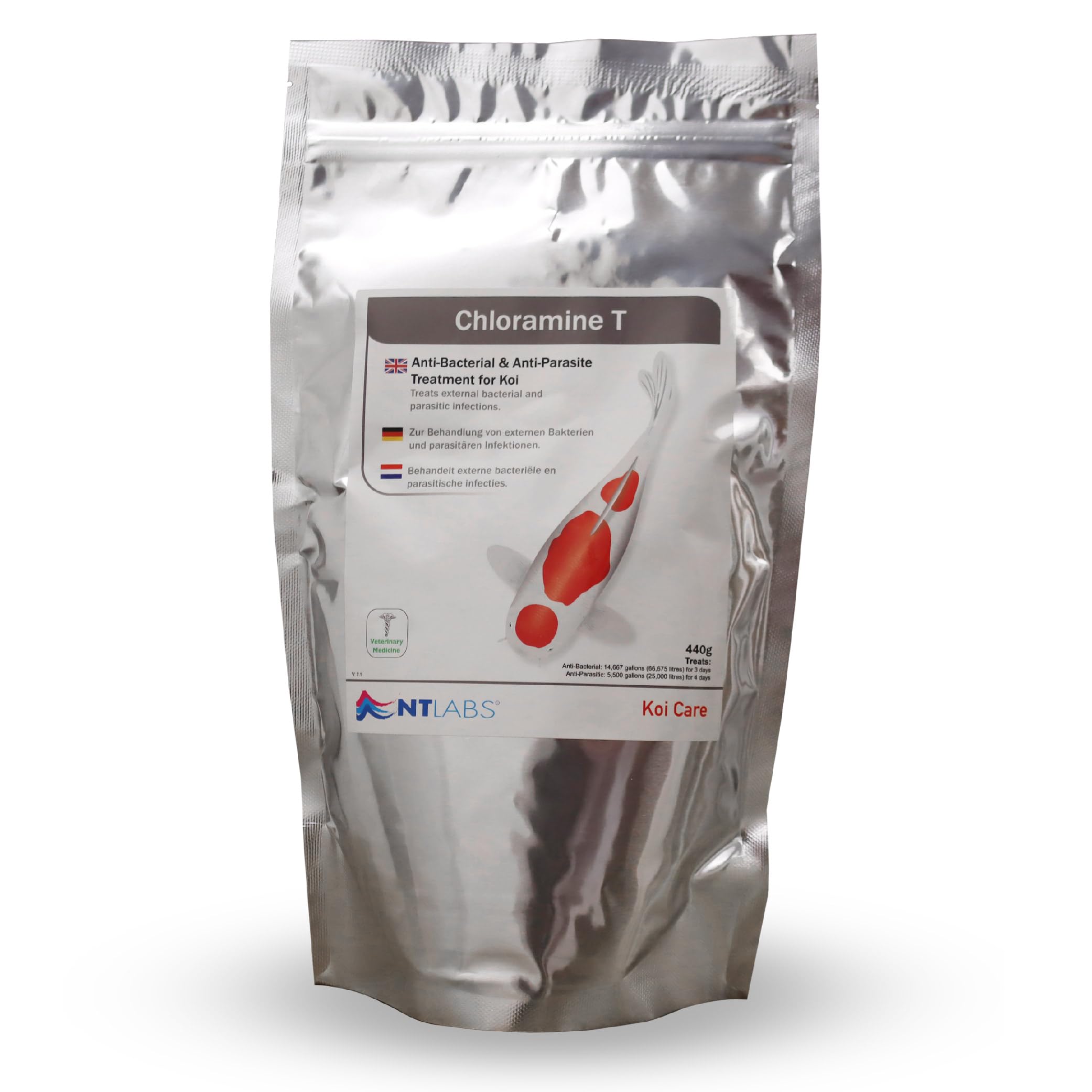 NT Labs Koi Care Chloramine T, Medicine for External Bacterial and Parasitic Infections in Koi, Koi Water Treatment, Broad-Spectrum Koi Medication, Treats Costia, 440g