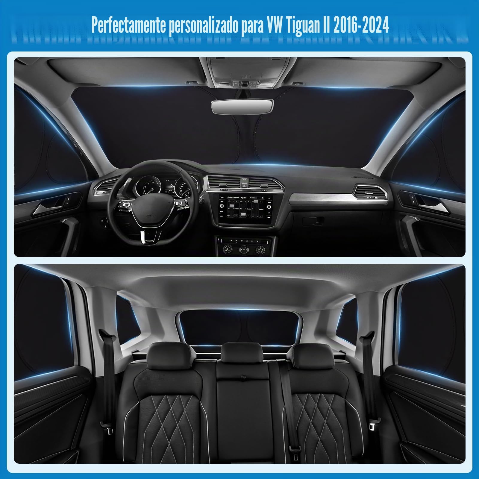Parasol Coche para VW Tiguan II 2016-2024 Parabrisas Plegable (8 Piezas) | XCBYT, Parasol a Medida Parabrisas Trasero y Ventanas, Tejido reforzado de 6 capas , Cortina Privacidad